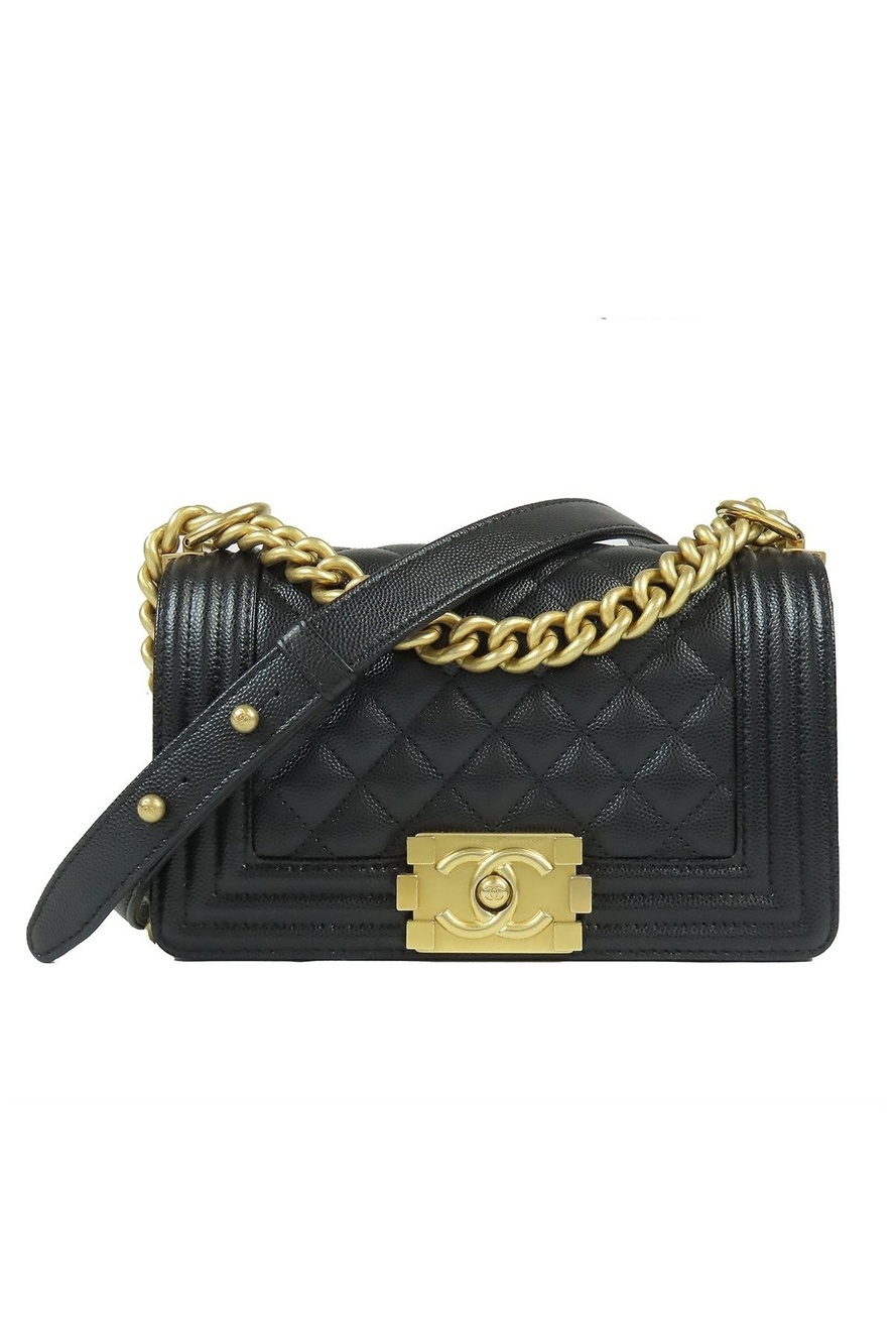 Chanel Boy Small Black Gold Caviar Leather Chain Shoulder Bag